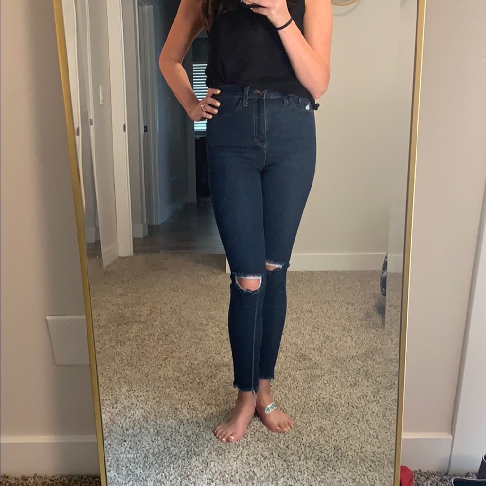 High Rise Destructed Dark Denim - Picture 1 of 5